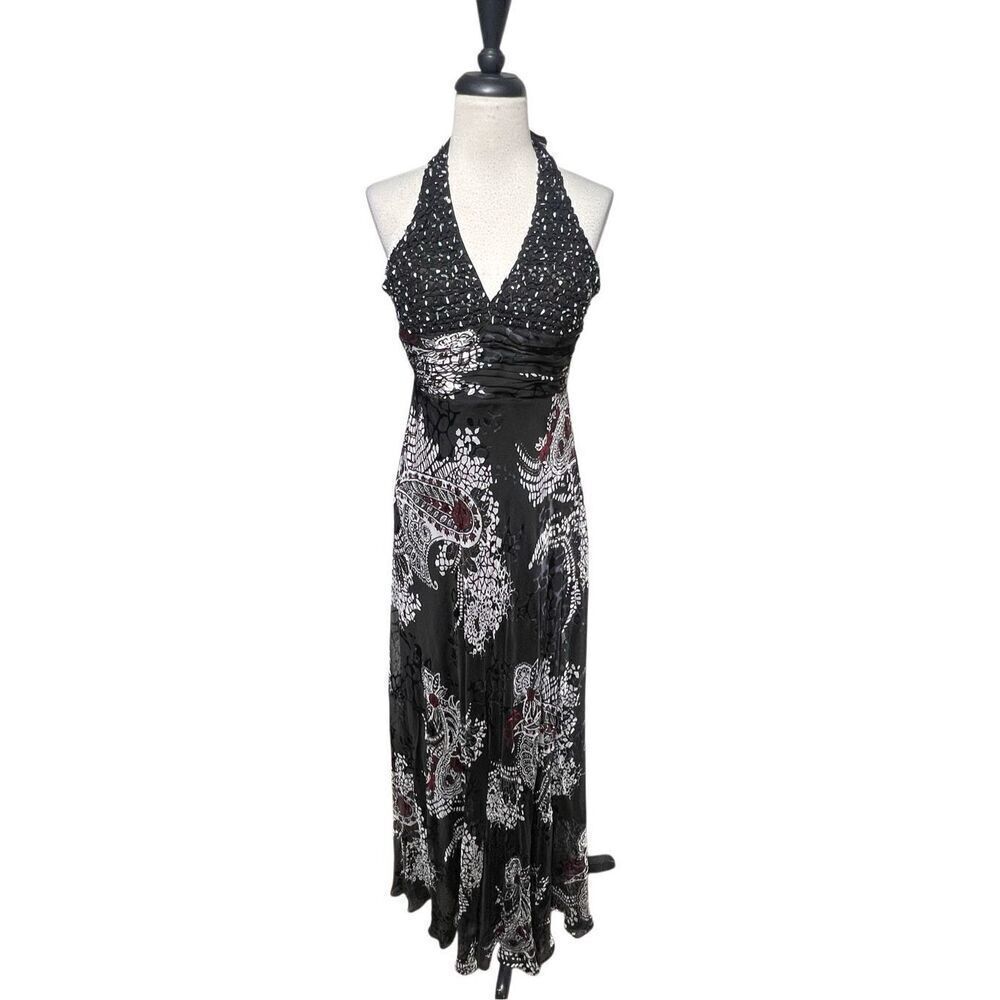 90's Y2K Nina Austin Beaded Velvet Burnout Sexy Maxi Prom Gown Formal Dress XS